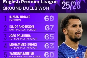 本赛季英超地面成功对抗榜：恩迪亚耶居首，多库、格拉利什在列